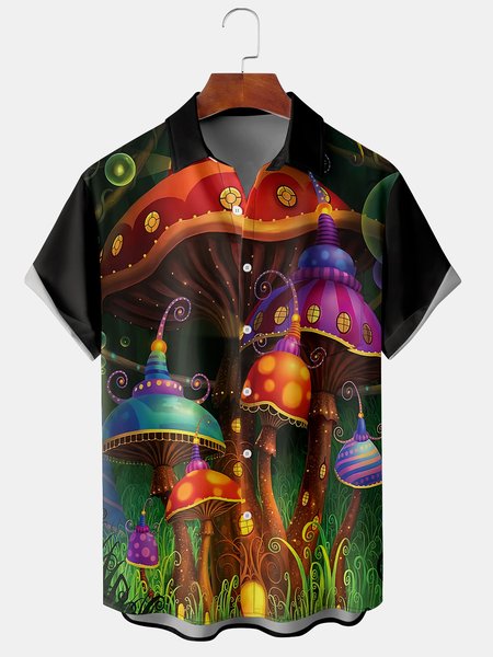 

Mens Hippies Mushroom Print Front Buttons Soft Breathable Casual Hawaiian Shirts, Black, Men's Floral shirt