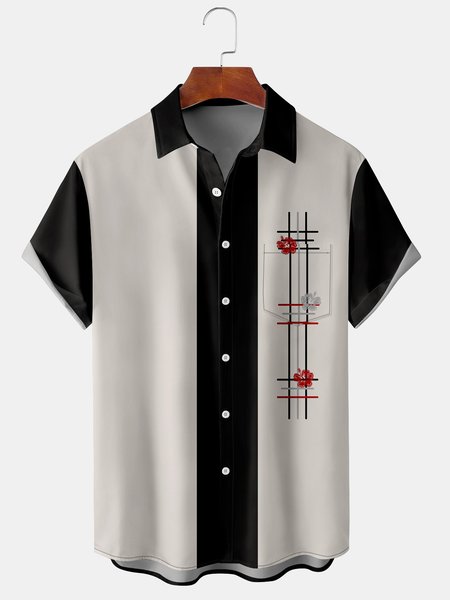 

Casual Art Collection Gradient Geometric Stripes Floral Pattern Lapel Short Sleeve Chest Pocket Shirt Print Top, Black, Men's Floral shirt