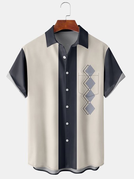 

Casual Art Collection Geometric Stripes Color Block Pattern Lapel Short Sleeve Chest Pocket Shirt Print Top, White-gray, Men's Floral shirt