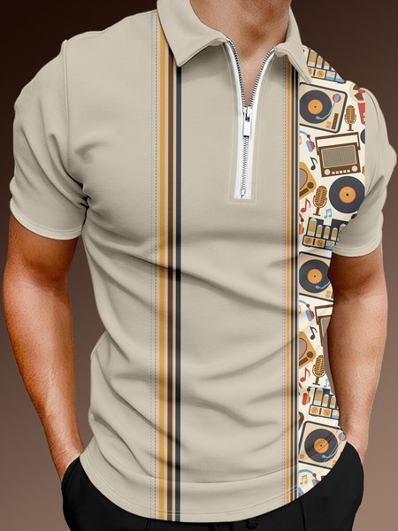 

Casual Music Collection Geometric Striped Instrument Pattern Lapel Short Sleeve Polo Print Top, Light khaki, Men's t-shirts