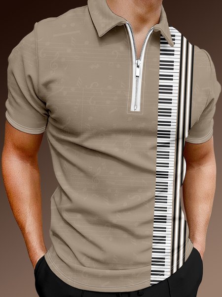 

Casual Music Collection Geometric Stripes Notes Sheet Piano Elements Pattern Lapel Short Sleeve Polo Print Top, Light brown, Men's t-shirts