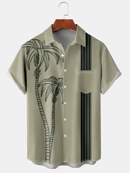 

Resort Style Hawaiian Series Geometric Striped Plant Coconut Tree Element Pattern Lapel Short-Sleeved Chest Pocket Shirt Printed Top, Khaki gray, Men's Floral shirt