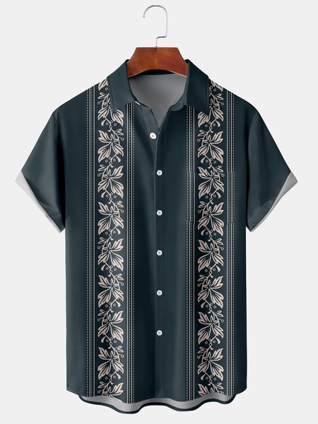 

Resort-Style Hawaiian Collection Geometric Stripes Floral Floral Pattern Lapel Short-Sleeved Breast Pocket Shirt Print Top, Purplish blue, Men's Floral shirt
