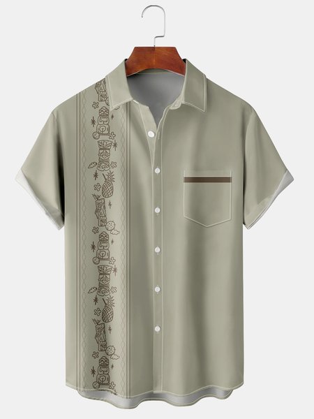 

Resort Style Hawaiian TIKI Fruit Floral Lapel Short Sleeved Pocket Shirt, Khaki gray, Men's Floral shirt
