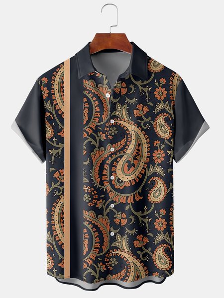 

Mens Retro Paisley Print Front Buttons Soft Breathable Casual Hawaiian Shirts, Black, Men's Floral shirt