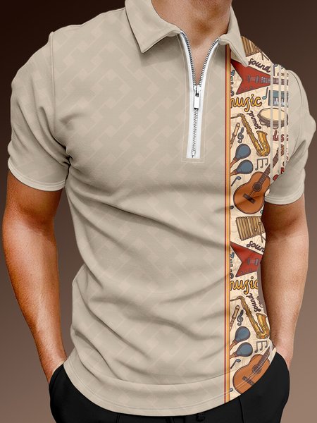 

Casual Music Collection Geometric Striped Instrument Guitar Pattern Lapel Short Sleeve Polo Print Top, Khaki, Men's t-shirts