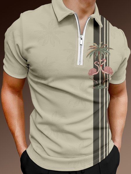 

Resort Style Hawaiian Series Striped Geometric Plant Coconut Tree And Flamingo Element Pattern Lapel Short-Sleeved Polo Print Top, Light khaki, Men's t-shirts