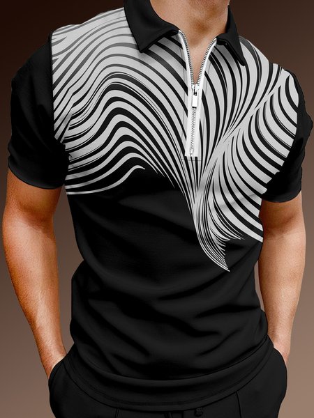 

Casual Art Series 3D Gradient Geometric Stripe Element Pattern Lapel Short Sleeve Polo Print Top, Black, Men's t-shirts