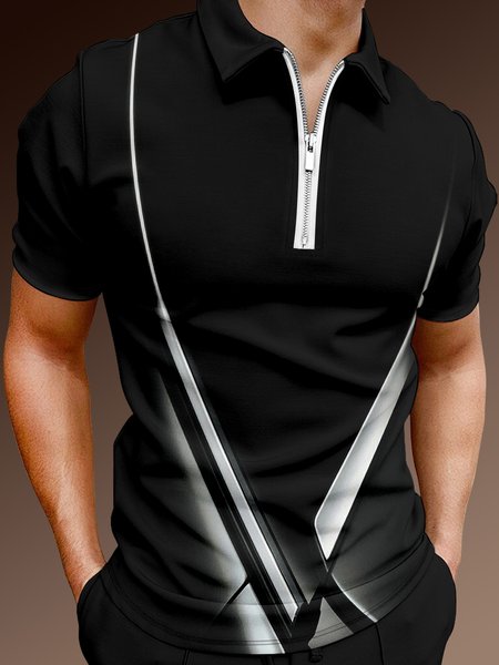 Casual Art Series 3D Gradient Geometric Stripe Element Pattern Lapel Short Sleeve Polo Print Top, Black, Men's t-shirts