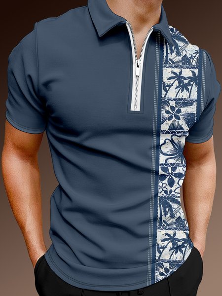 

Resort Style Hawaii Series Striped Geometric Plants, Flowers And Leaves Element Pattern Lapel Short-Sleeved Polo Print Top, Dark blue, Men's t-shirts