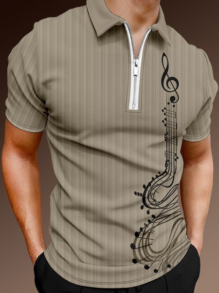 

Casual Music Collection Geometric Striped Note Element Pattern Lapel Short Sleeve Polo Print Top, Khaki, Men's t-shirts