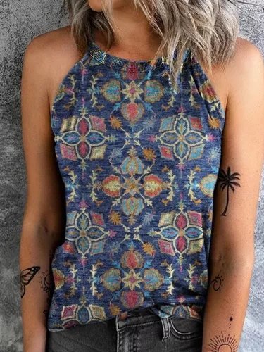 

Vintage Crew Neck Ethnic Tanks & Camis, Dark blue, Tanks & Camis