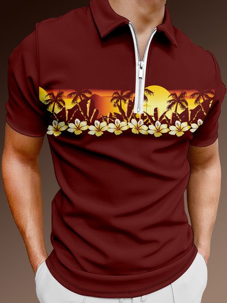 

Holiday Style Hawaii Series Gradient Dusk Plant Flower Coconut Tree Element Pattern Lapel Short-Sleeved Polo Print Top, Crimson, Men's t-shirts