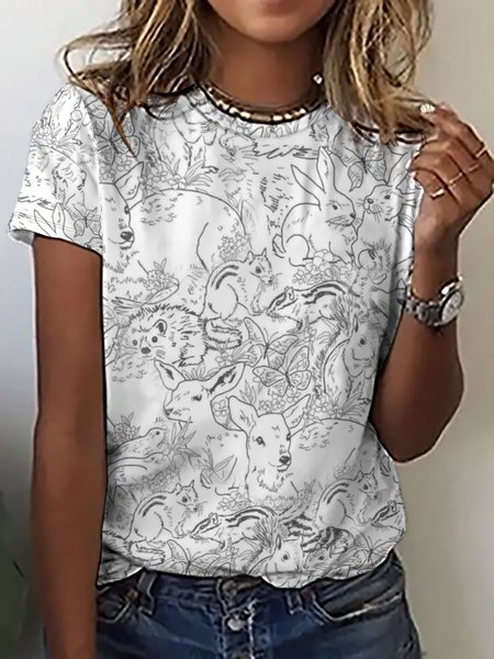 

Casual Simple Animal Print Crew Neck T-Shirt, As picture, T-shirts