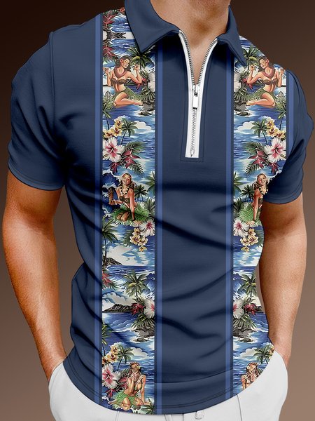 

Resort Style Hawaiian Series Striped Geometric Plant Coconut Tree Hula Girl Element Pattern Lapel Short Sleeve Polo Print Top, Deep blue, Men's t-shirts