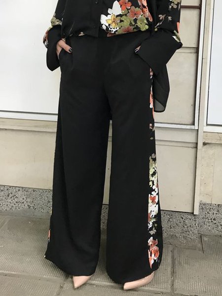 

Vacation Floral Casual Pants, Black, Wide Leg Pants