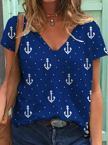 

Vacation V Neck Geometric T-Shirt, Blue, T-Shirts