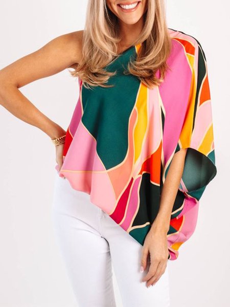 

Geometric One Shoulder Vacation Tops, Multicolor, Tops