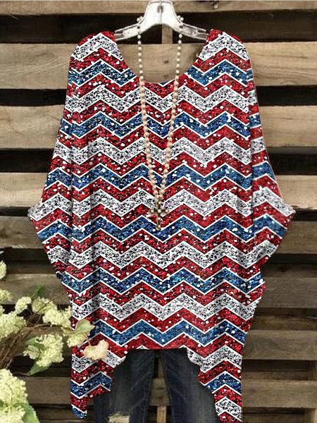 

Crew Neck Loosen Geometric Tops, Red-blue, Shirts & Blouses