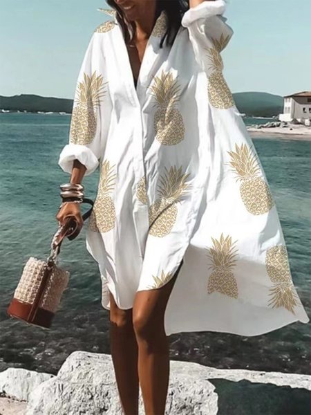 

Fruit Long Sleeve Loosen Shirt Collar Knee Dress, White, Midi Dresses