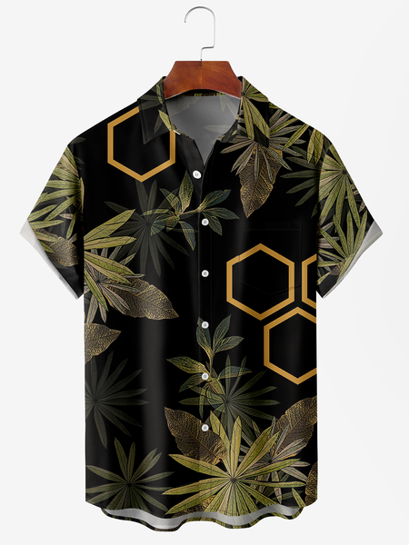 

Men's Leaf Floral Print Moisture-Breathable Fabric Hawaiian Lapel Short Sleeve Shirt, Black, Men's Floral shirt