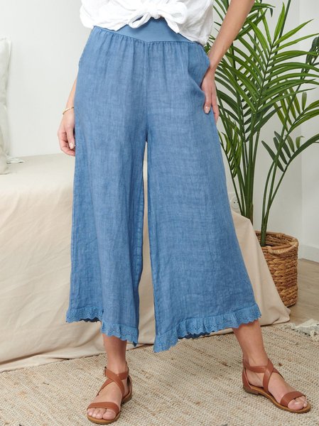 

Plain Cotton And Linen Casual Pants, Blue, Pants