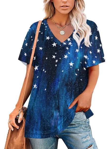 star V Neck Printed Casual T-Shirt, Blue, T-shirts