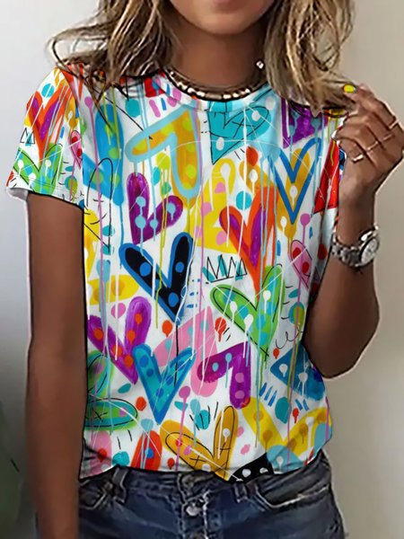 

Vintage Casual Abstract Heart Print Crew Neck T-Shirt, As picture, T-shirts