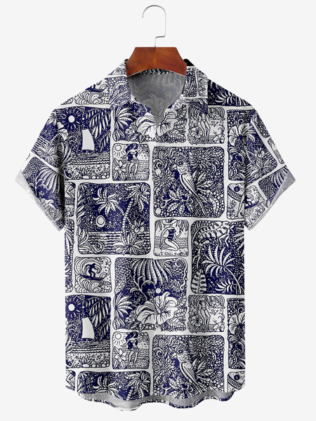

Men's Coconut Tree Floral Print Moisture-Breathable Fabric Hawaiian Lapel Short Sleeve Shirt, Blue, Men's Floral shirt
