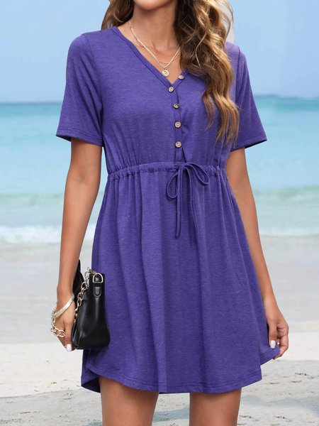 

Elastic waist X-Button basic holiday short Dress Plus Size, Purple, Dresses