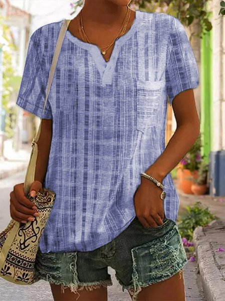 

JFN V Neck Pocket Loosen Casual Striped Short Sleeve Tee, Blue, Shirts & Blouses