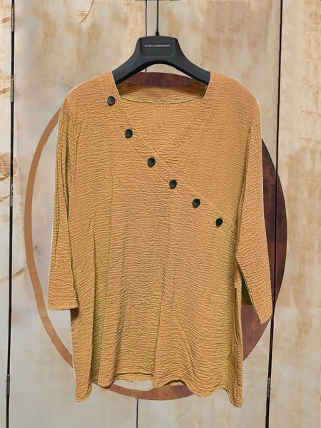 

Foam wrinkle fabric button loose top T-shirt tunic Plus Size, Khaki, Tops