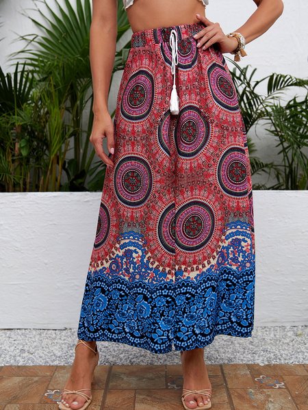 

Mandala & Floral Print Tassel Tie Front Split Thigh Skirt, Multicolor, Skirts