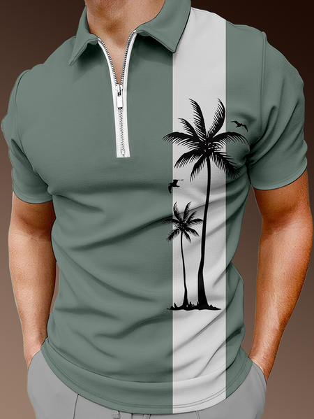 

Resort Hawaiian Coconut Tree and Stripe Pattern Lapel Short Sleeve Polo Print Top, Green, Men's t-shirts