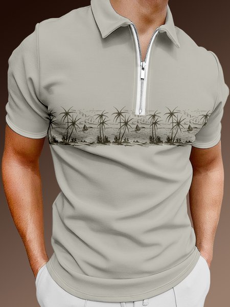 

Resort Style Hawaiian Series Botanical Coconut Tree Element Pattern Lapel Short-Sleeved Polo Print Top, Light khaki, Men's t-shirts