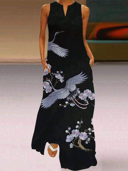 

V Neck Cotton Animal Dresses, Black, Dresses