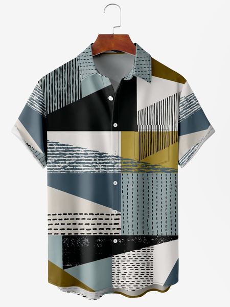 Men's Geometric Floral Print Moisture-Breathable Fabric Hawaiian Lapel Short Sleeve Shirt, Blue, Men's Floral shirt