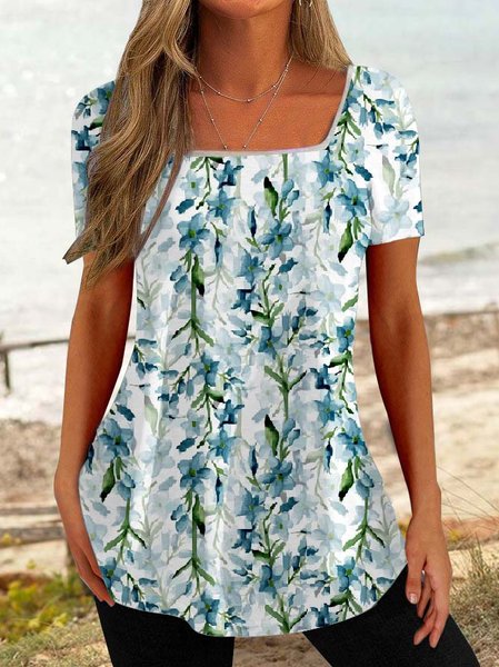 

Summer Floral Design Square Neck Short Sleeve T-Shirt, Blue, T-Shirts