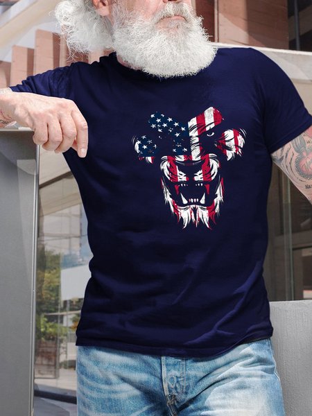 

Lion USA Flag，Short Sleeve Crew Neck Vintage T-Shirt, Purplish blue, T-shirts