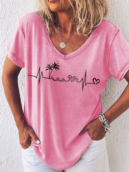 

Womens Beach Heartbeat Summer Sleeveless Vacation Holiday V Neck Casual T-Shirt, Pink, T-shirts