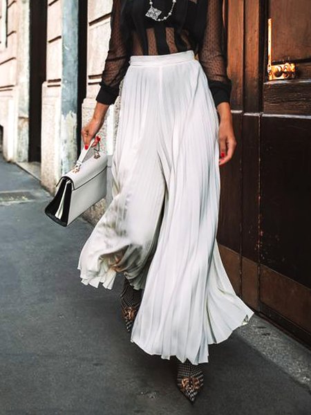 

Loosen Plain Wide Leg Work Pants, White, Wide Leg Pants