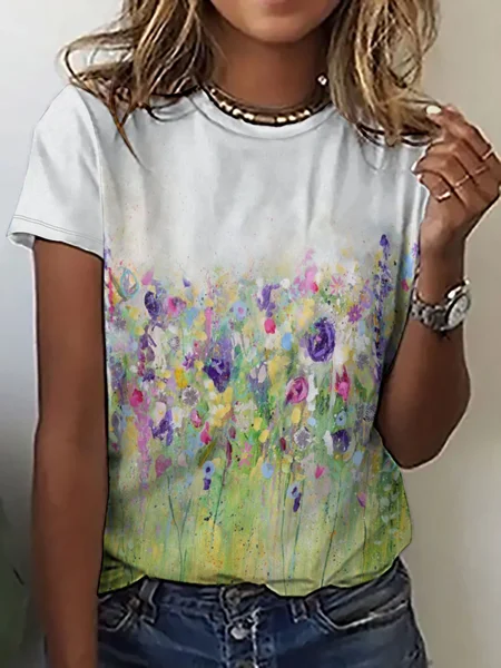 

Casual Simple Floral Print Crew Neck T-Shirt, As picture, T-shirts