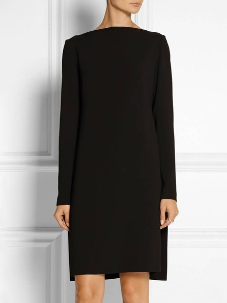 

Daily Long sleeve Plain Boat Neck Simple Black Dress, Midi Dresses