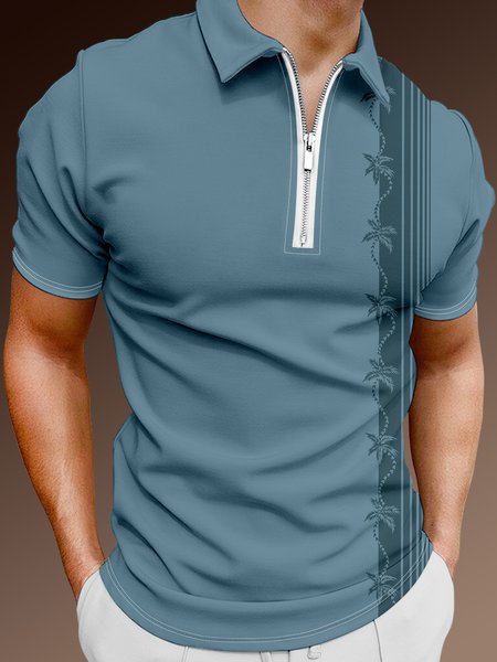 

Resort-Style Hawaiian Striped Geometric Plant Coconut Tree Element Pattern Lapel Short-Sleeved Polo Print Top, Light blue, Men's t-shirts