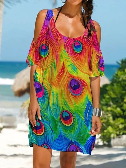 

Peacock Feather Casual Crew Neck Dresses, Multicolor, Dresses