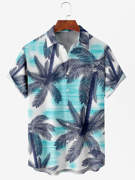 

Men's Coconut Tree Floral Print Moisture-Breathable Fabric Hawaiian Lapel Short Sleeve Shirt, Blue, Men's Floral shirt