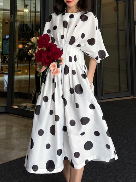 

Elegant Date Half Sleeve Polka Dots Crew Neck Dress, White, Midi Dresses