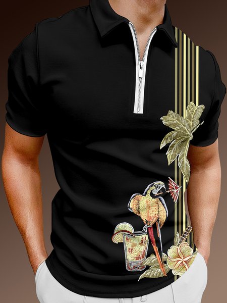 

Resort Hawaiian Striped Geometric Coconut Parrot Pattern Lapel Short Sleeve Polo Print Top, Black, Men's t-shirts
