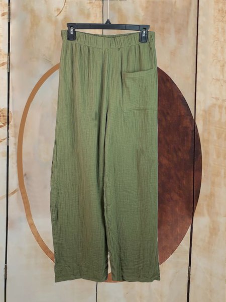 

Straight leg pants elastic waist pocket foam wrinkle fabric Pants Plus Size, Green, Pants