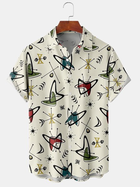 

Men's Geometric Print Casual Short Sleeve Hawaiian Shirt with Chest Pocket, Apricot, Men's Floral shirt